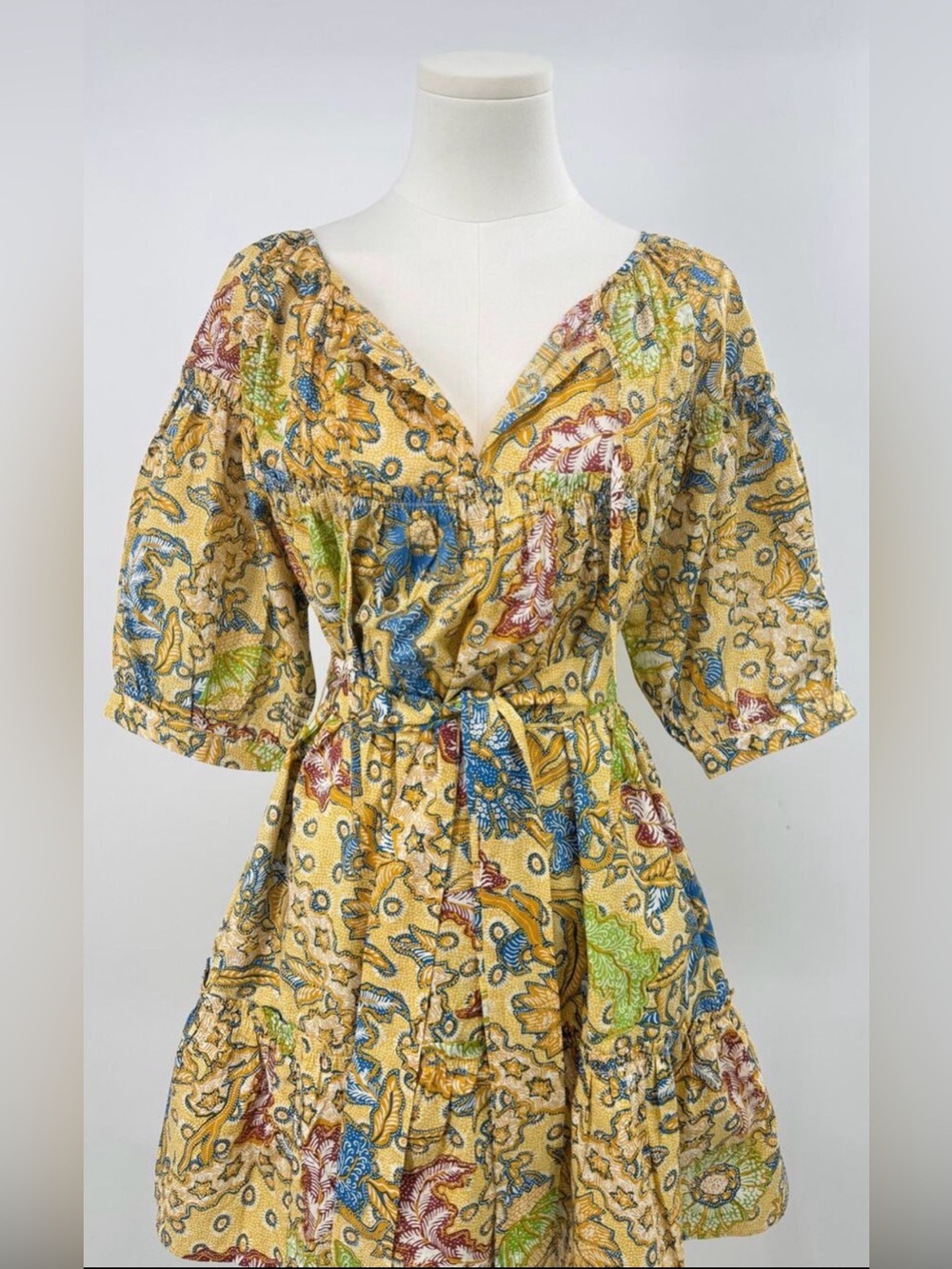 Suzie Kondi Yellow Vari Dress in Batik Paradeisos Boho Mini Ruffle Tie Waist S